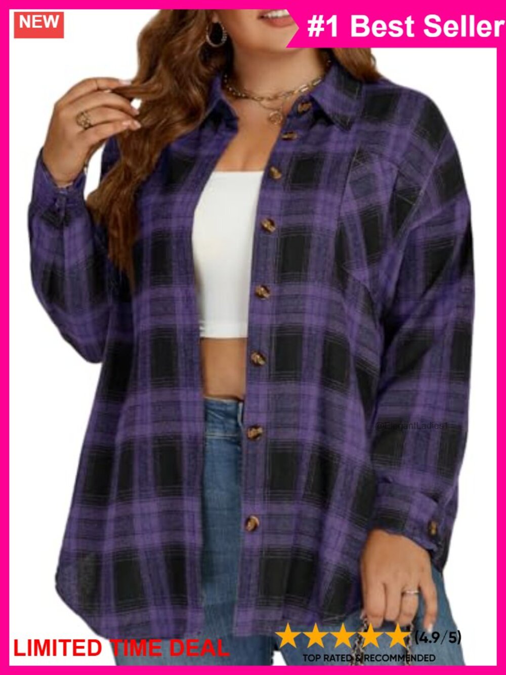 Plus Size Button Down Plaid Shirt Long Sleeve Tunic Blouse